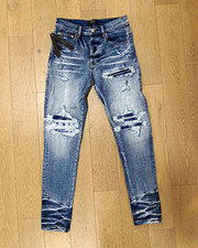 AMIRI Men s Blue Skinny Distressed Logo Denim Jeans With Blue Patches In Size 30