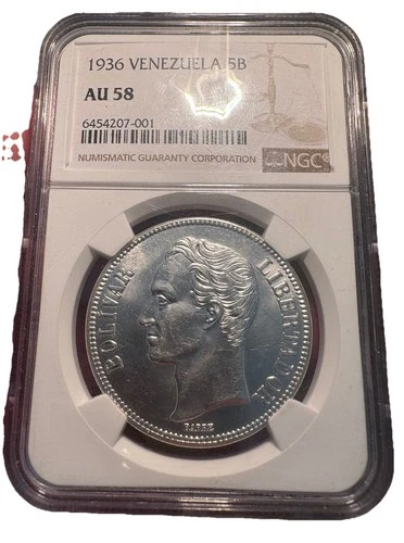 RARE HIGH-GRADE AU 58 NGC 1936 VENEZUELA 5 BOLIVARES SILVER SIMON BOLIVAR COIN