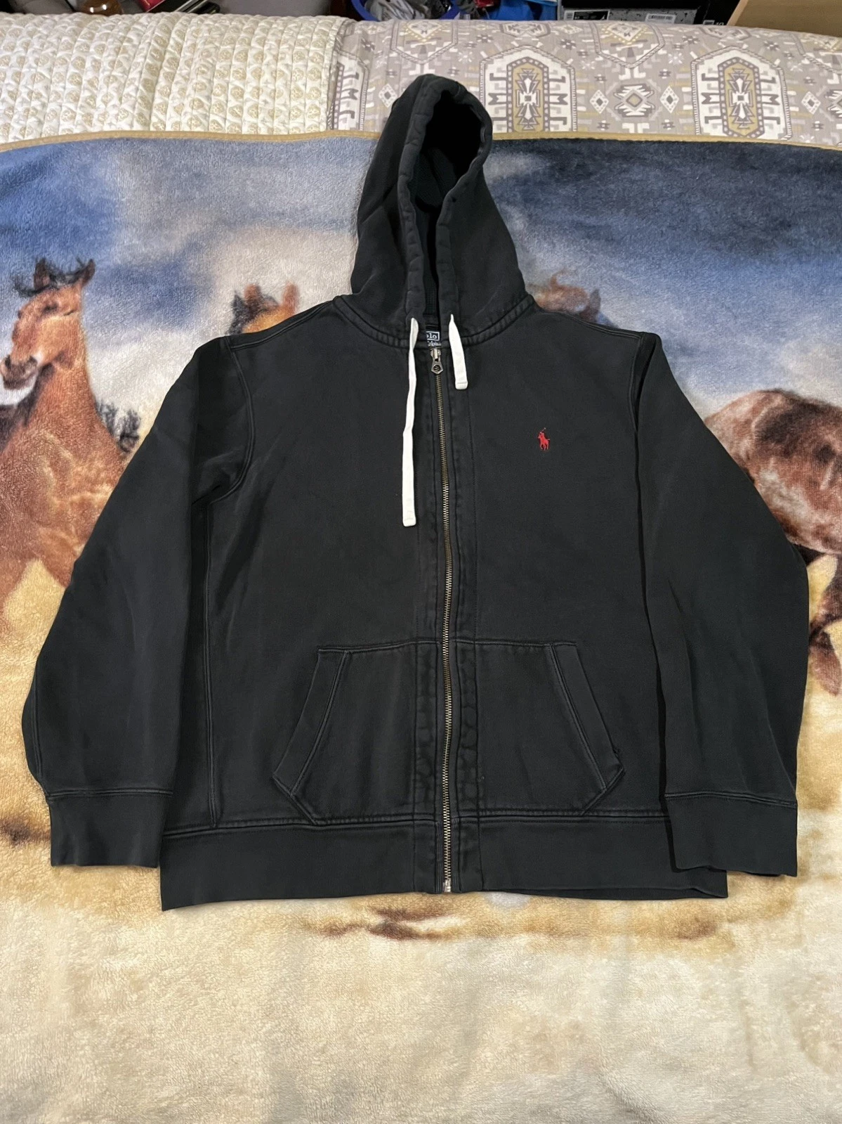 VTG Polo Ralph Lauren Full Zip Waffle Knit Fleece Jacket Hoodie Mens 2XL Black