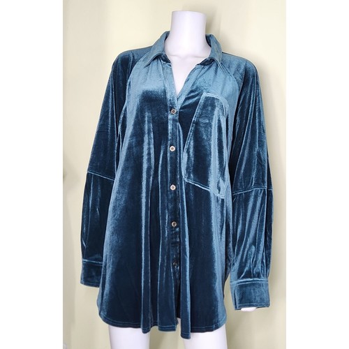 Easel Los Angeles Velvet Button Up Tunic Shirt Blouse Plus 3X Teal Blue Coastal - Picture 2 of 11