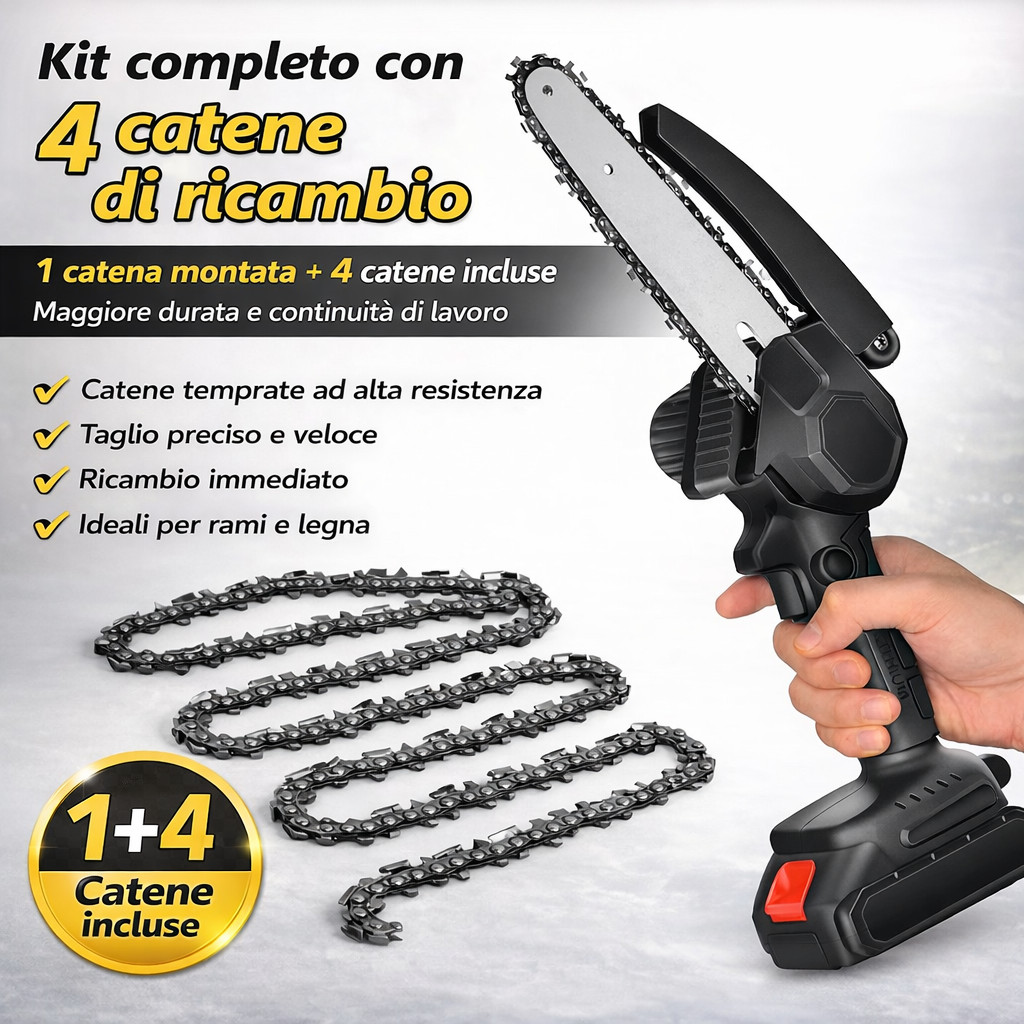 Mini Motosega Elettrica Ricaricabile 48V 4+1 Catene 6” con 2 Batterie e Valige