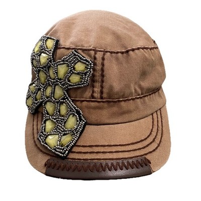 Olive & Pique Hat Cadet Cap Brown Beaded Cabochon Cross Christian
