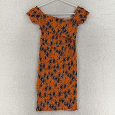 Topshop Dress Womens 6 Orange Floral Smocked Off Shoulder Tunic Mini Stretch NWT