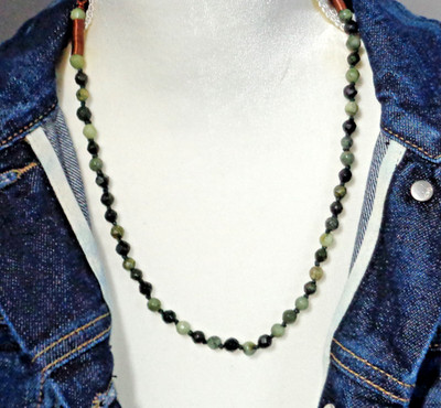Artisan made, russian serpentine 20'' necklace, handknotted on black silk 