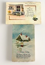 Antique 1920s Christmas Greeting Post Cards Made In USA Snowy Cottage Fireplace