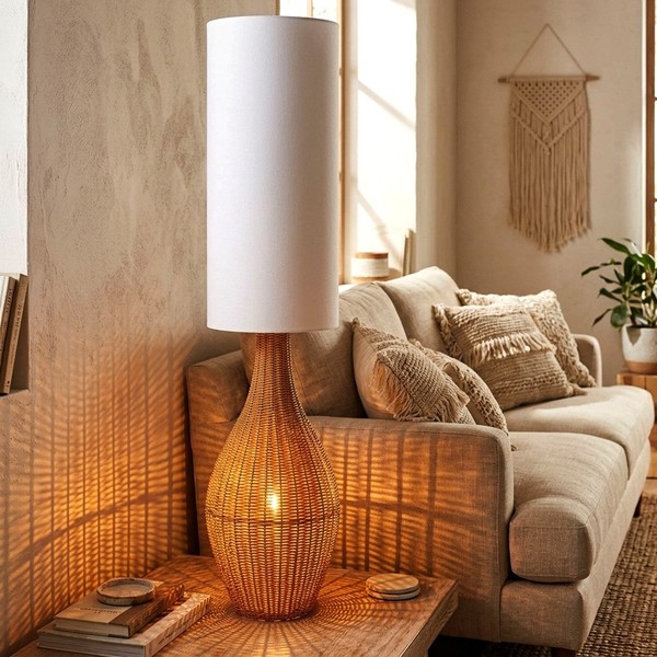 Stehlampe Stehleuchte Wohnzimmerlampe Boho Rattan Optik Textil Weiß H 125 Cm-image