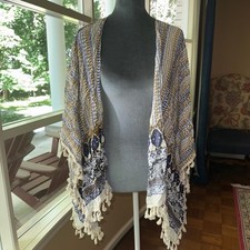 Bobbie Brooks boho kimono blue tan white geometric mixed print tassel fringe