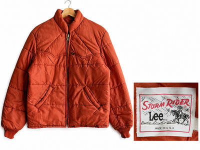 VTG 70s Lee Storm Rider Mens Medium Orange Full Zip Western Cowboy Puffer Jacket