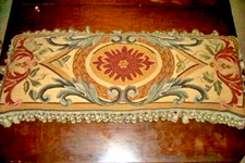 French Aubusson Tapestry Bolster Feather Pillow Woven Wool Fringed Large Vintage