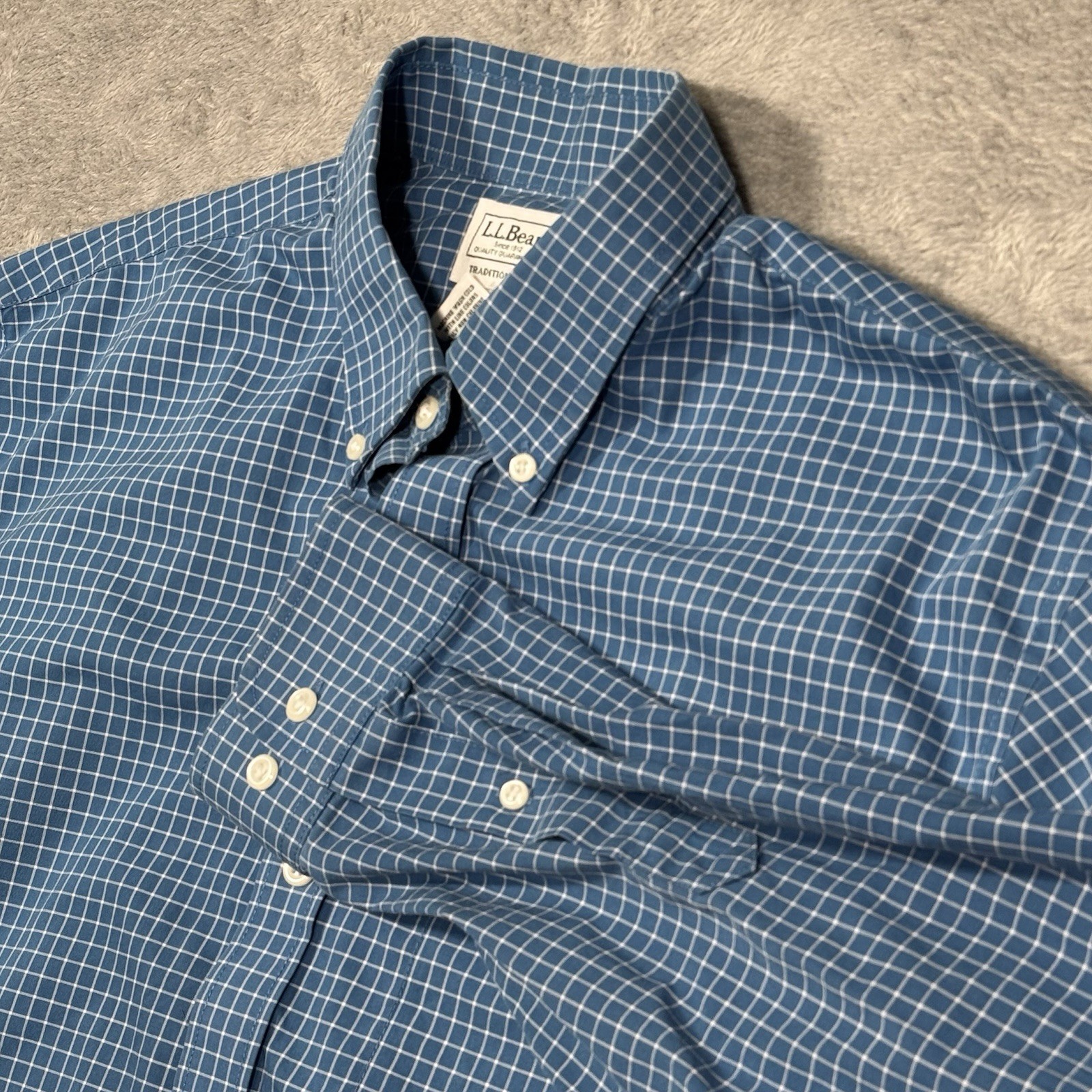L.L.Bean Traditional Fit Button-Down Shirt Mens L Blue Check Plaid Casual Office