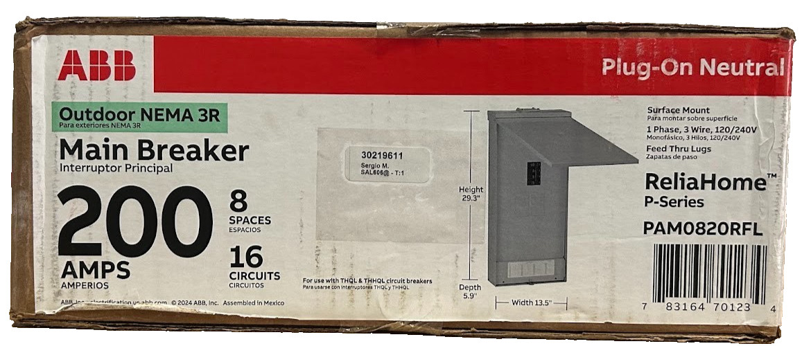 ABB PAM0820RFL 200 Amp 8-Space 16-Circuit Outdoor Main Breaker Load Center