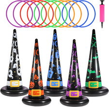 Halloween Ring Toss Game Set, 5Pcs Inflatable Witch Hats with 10Pcs Colorful Pla