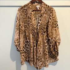 Chico's Tunic Blouse Large 2 Tan Animal Print Sheer V Neck 3/4 Sleeve Leopard