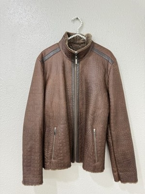 Gert Weber Real Shearling Leather Jacket Brown Croc Embossed Fur Lined Coat M-L