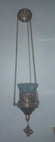 Greek Orthodox Hanging Vigil Oil Brass Burner Lamp Engraved Handmade With Candle
