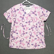 Wear For Care Women M Pink Ribbon Breast Cancer Print Scrub Top V-Neck Tie Sides