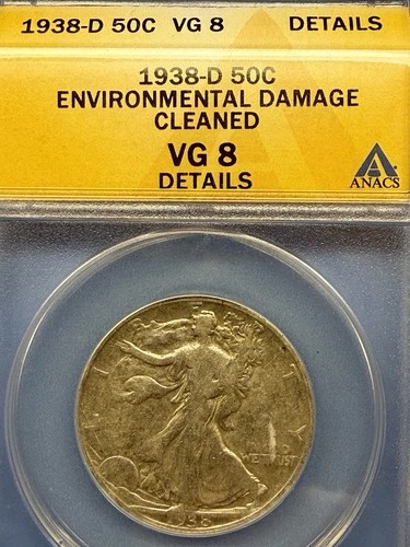 1938-D 50C Walking Liberty Half Dollar ANACS VG 8 details Environmental damage