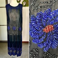 1920s Vintage Sheer Black Chiffon Heavily Beaded Flapper Dress M/L