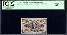 FR 1253 - 10c THIRD ISSUE RED BACK - HAND SIGNED - PCGS 65 GEM - EX: DAVID NOYES