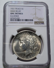 1921 HIGH RELIEF PEACE $1 Dollar Silver Coin ~ NGC Cert Unc Dets ~Lite Obv Clean
