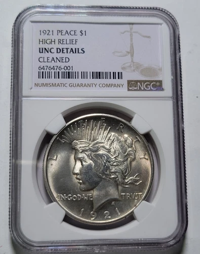 1921 HIGH RELIEF PEACE $1 Dollar Silver Coin ~ NGC Cert Unc Dets ~Lite Obv Clean