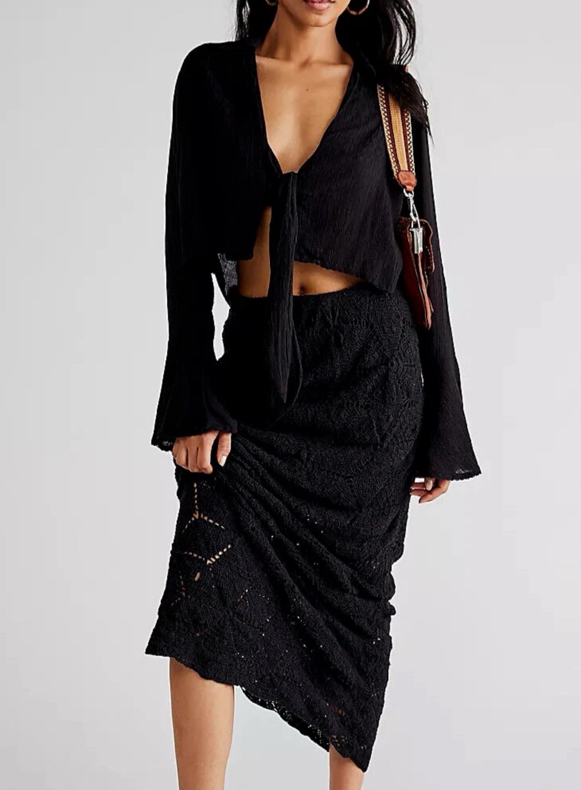 Free People Falda y Top Conjunto Co-ord Crochet Corbata Frontal Tevi Talla Pequeña Negro