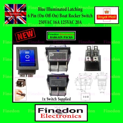 Blau einrastend beleuchtet 6 Pin 3 Positionen Ein-Aus-Ein Boot Wippschalter 250V 16A