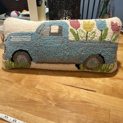 Mud Pie 100% Wool Hooked Throw Pillow Truck Spring Flowers 18x9 Excellent
