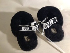 NWT UGG Fluff Yeah BLACK sz 11 7.5 inches long Lamb Fur Slide SLIPPER straps