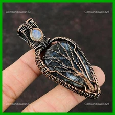 Pear Blue Dendrite Opal Stone Rainbow Moonstone Copper Artisan Pendant Jewelry