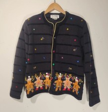 VTG Jack B Quick Christmas Sweater MEDIUM Black Embroidered 3D Reindeer Cardigan