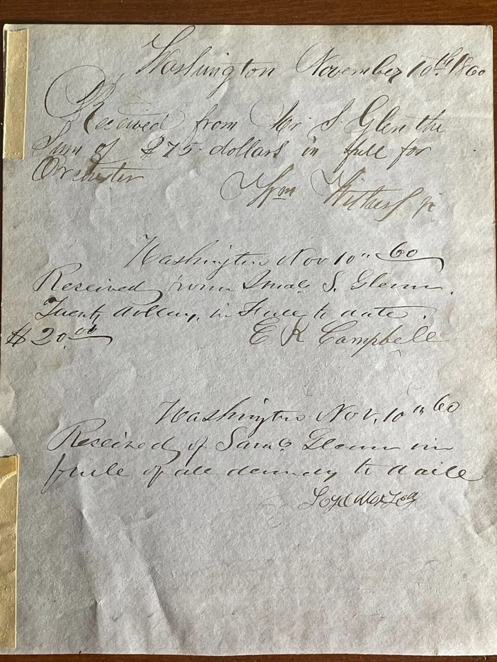 Recibo firmado Teatro Washington 1860 William Withers Jr Foto 2 de 2