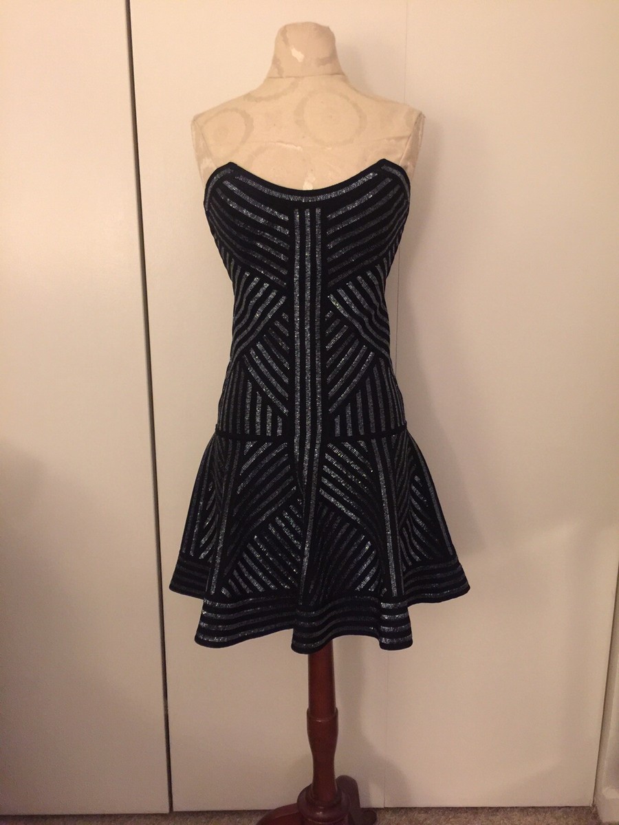 Herve Leger Solie Black Strapless Bandage A-Line Dress Silver