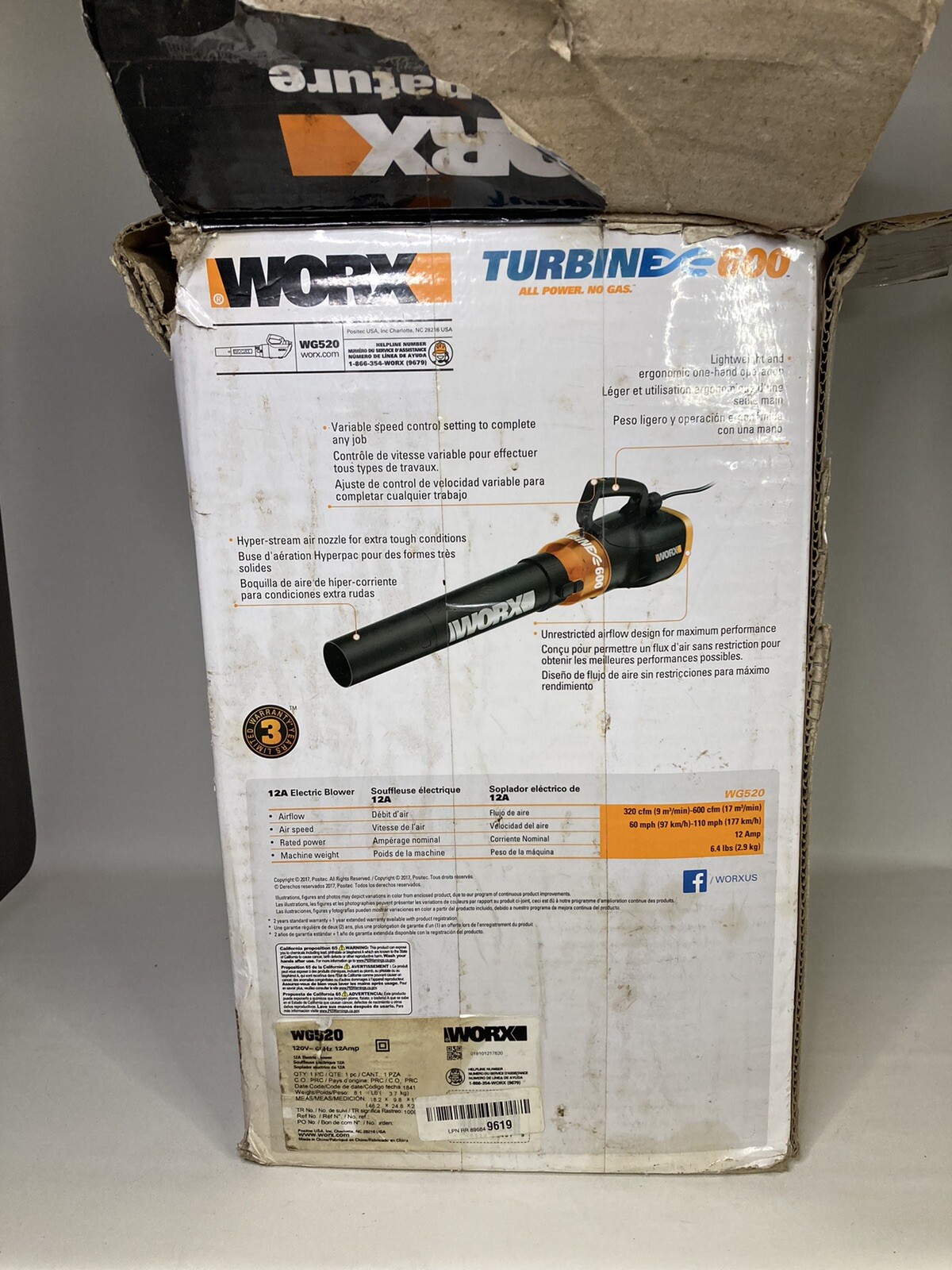 WORX WG520 TURBINE 600 CFM 12 Amp Corded Leaf Blower with Variable-Speed Control