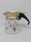 Vtg PYREX Single Serve MINI COFFEE POT*GOLD FLEUR-DE-LIS*4" Removable Lid 60s