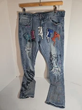 Smoke Rise Mens Sz 36/32 (Fit 35.5x30) DISTRESSED Denim JEANS Studded Lettering