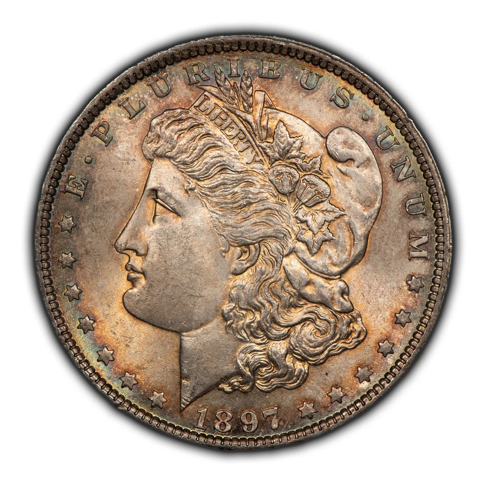 1897 $1 Morgan Silver Dollar - PQ Rainbow Target Toning - Strong BU - SKU-D4663 - Image 2 of 4