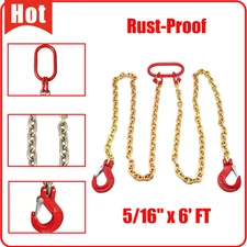 1PC Rust-Proof 5/16"x6' G80 Chain Lifting Sling W/2 Legs 3T/6600lbs W/ Grab Hook
