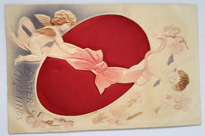 EASTER Novelty Postcard HUGE RED SILK EGG PINCUSHION Wrapped in Bow Cherubs EXC