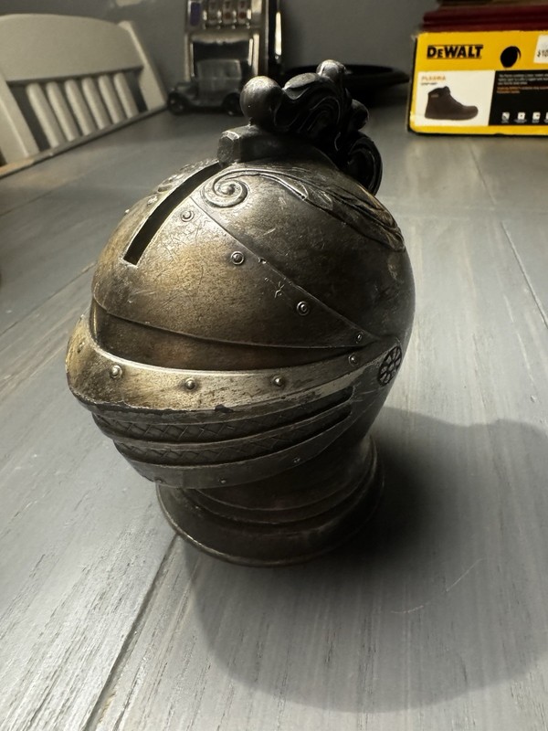 Vintage Cast Metal Knight Helmet Coin Bank Piggy Bank Ornate Medieval Decor