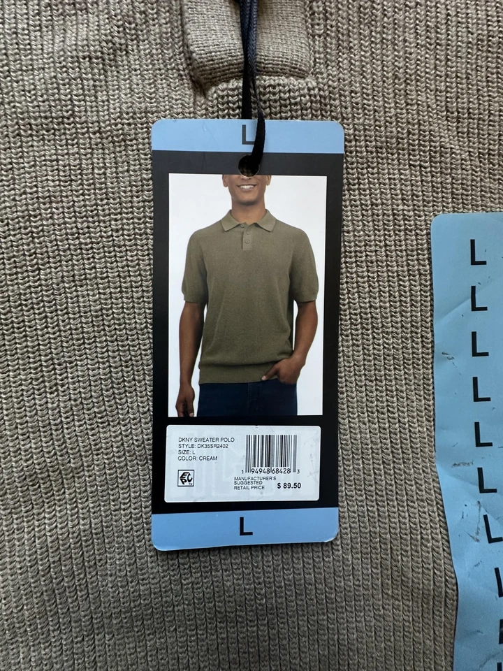 DKNY Suéter Polo Para Hombres Grande Crema Bronceado Manga Corta Algodón Tejido Nuevas Etiquetas Foto 3 de 4