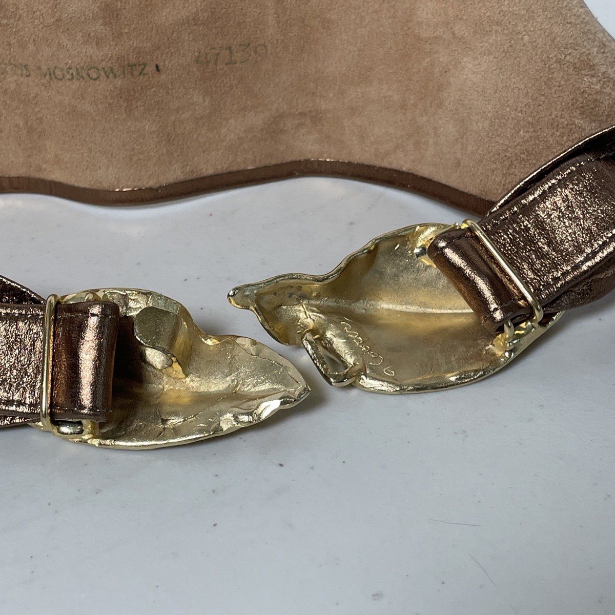 VTG Morris Moskowitz L Gold Leather Belt Double Leaf Buckle  display picture 2