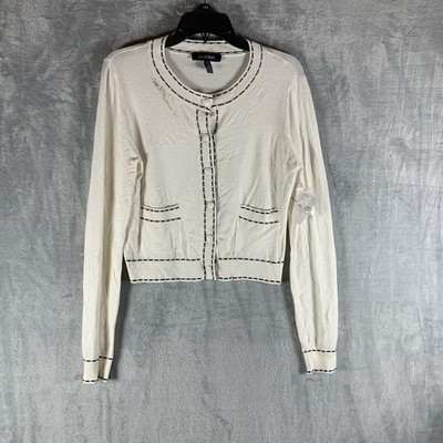 Ellen Tracy Women's Cardigan Sweater Button Up Ivory Contrast Stitch Preppy S