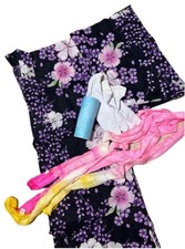 Yukata set floral pattern purple pink yellow ladies