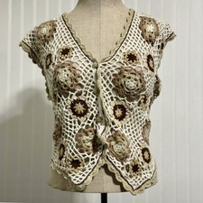 Vintage Margules Crochet Floral Knit Vest M Ramie Cotton 90s Boho Cottagecore