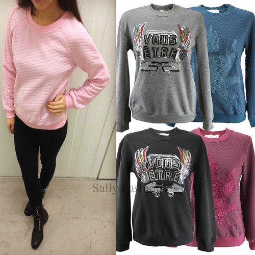 New Ladies Quilted Sweat Womens Jumper Top Long Sleeve Sweatshirt Size 8 - 14