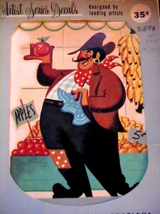 VINTAGE-1930-039-S-MEYERCORD-DECAL-ARTIST-MARKETPLACE-ART-DECAL-MAN-APPLES-amp-BANANAS