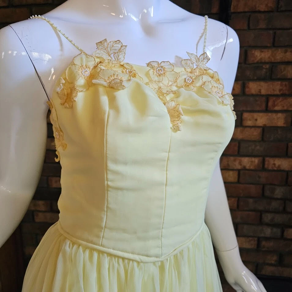 De Colección Años 60 Amarillo Limón Gasa Novia Baile de graduación Vestido Formal Noche Vestido S Foto 2 de 4