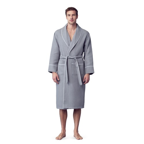 Bata de baño Lotus de lino para hombre con patrón cuadrado de gofres ropa de spa con 2 bolsillos delanteros - Imagen 34 de 95
