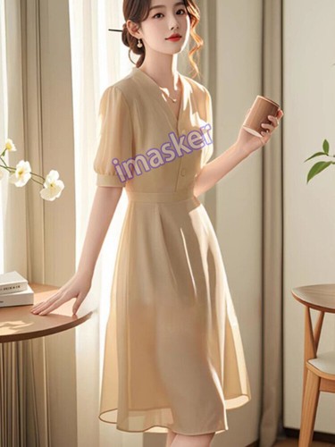 French Dress Women's Summer New Chiffon V Neck Slim Fit Fairy Style Party Dress - Picture 12 of 24